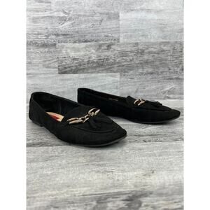 London Rebel Womens Black Suede Loafers With Tassel & Gold Accent Size 6.5